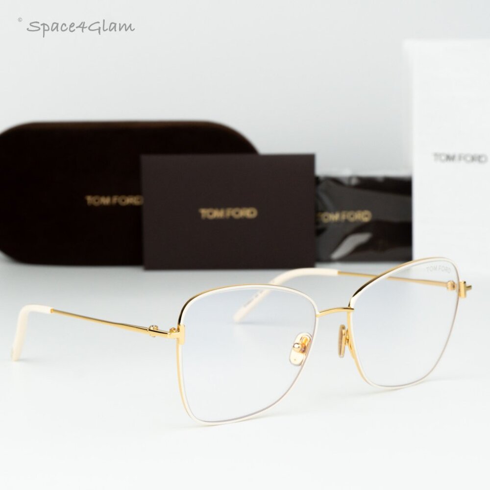 Tom Ford Women Eyeglasses Ivory Gold Clear Blue Block Butterfly FT5906-B 025 NEW